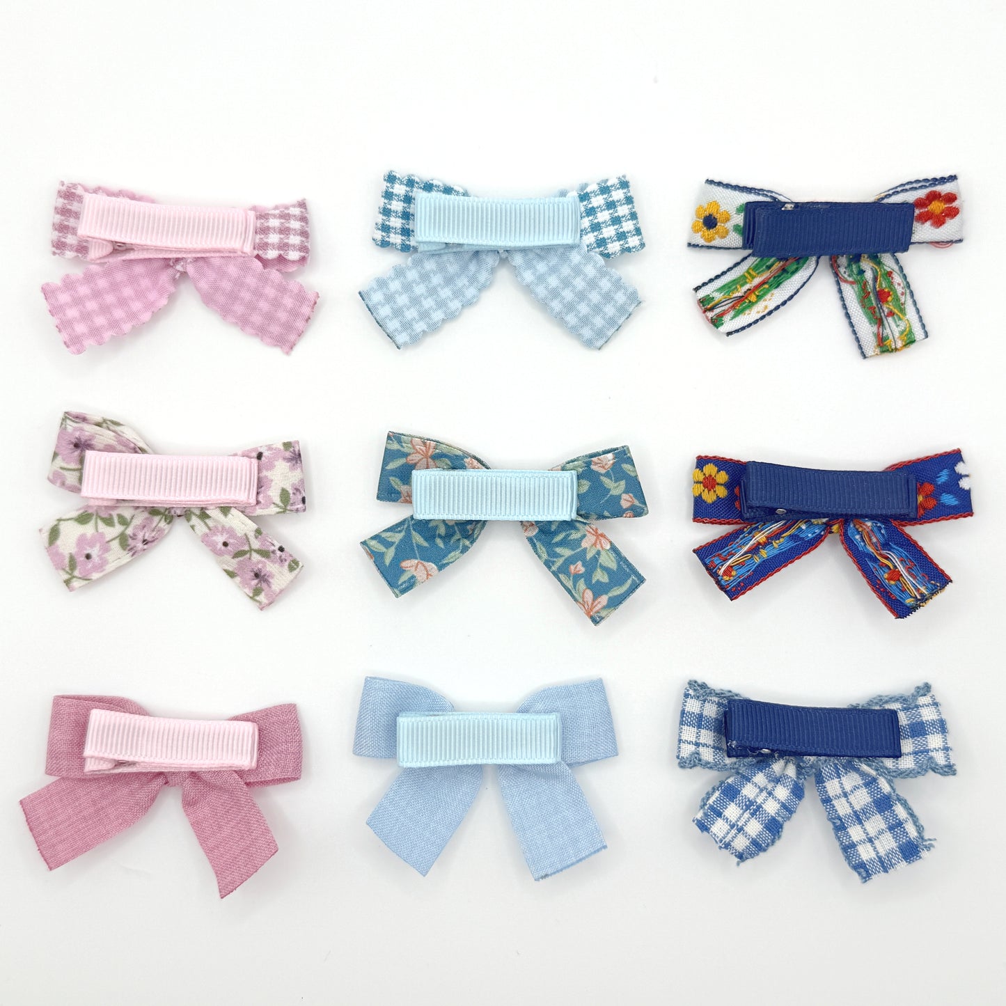 Hair Bow Clips Set with Pink & Blue Ribbon Covered