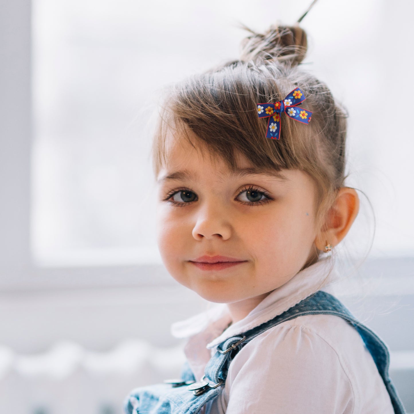 Hair Bow Clips Set with Pink & Blue Ribbon Covered