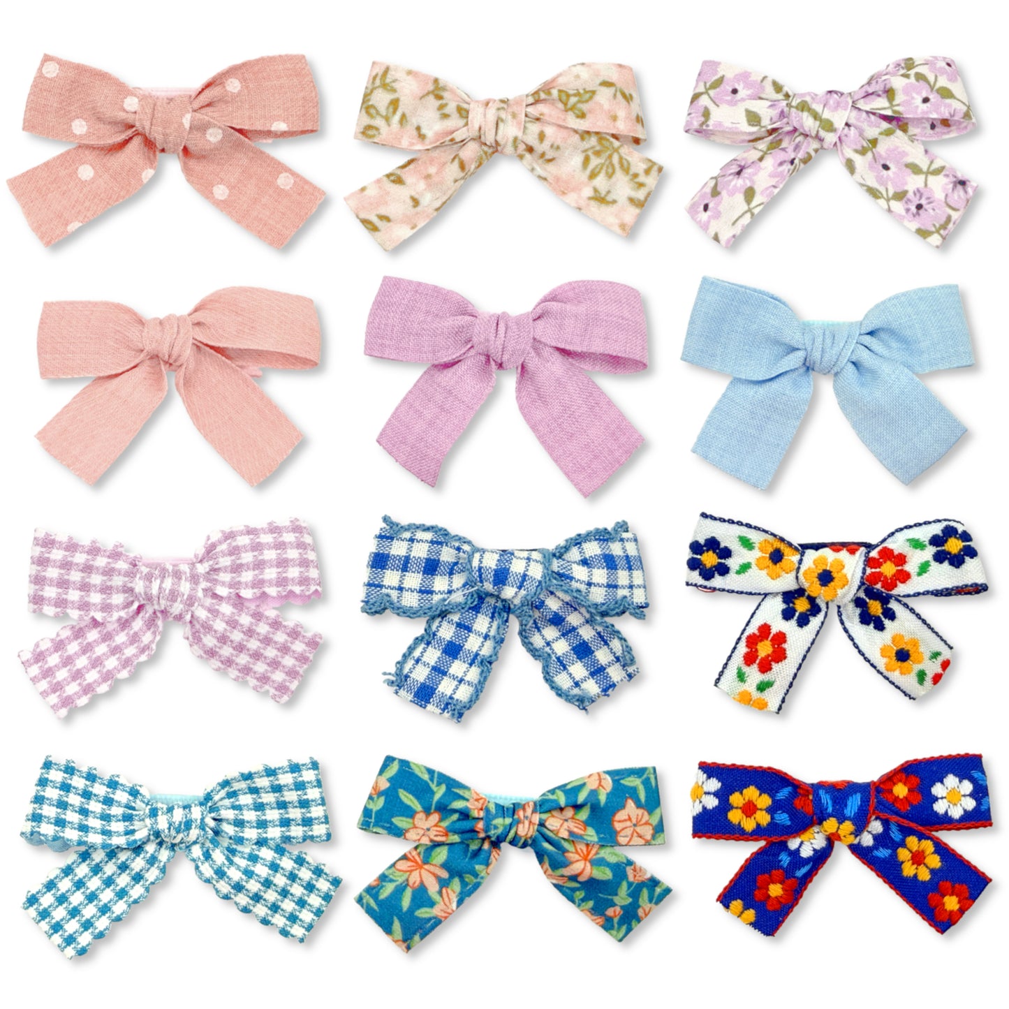 Hair Bow Clips Set with Pink & Blue Ribbon Covered