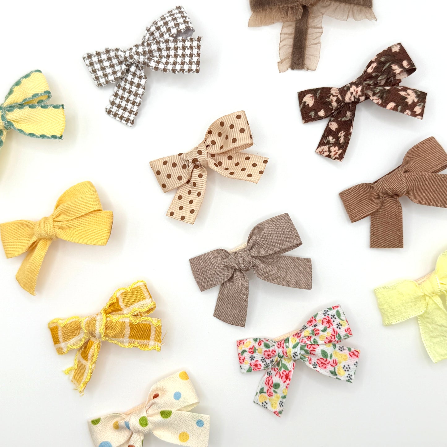 Hair Bow Clips Set with Yellow & Brown Ribbon Covered