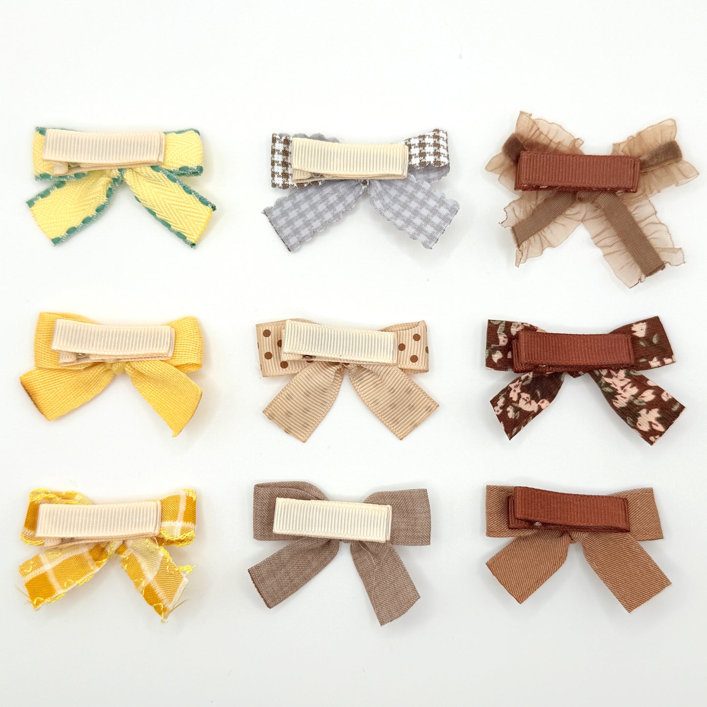 Hair Bow Clips Set with Yellow & Brown Ribbon Covered