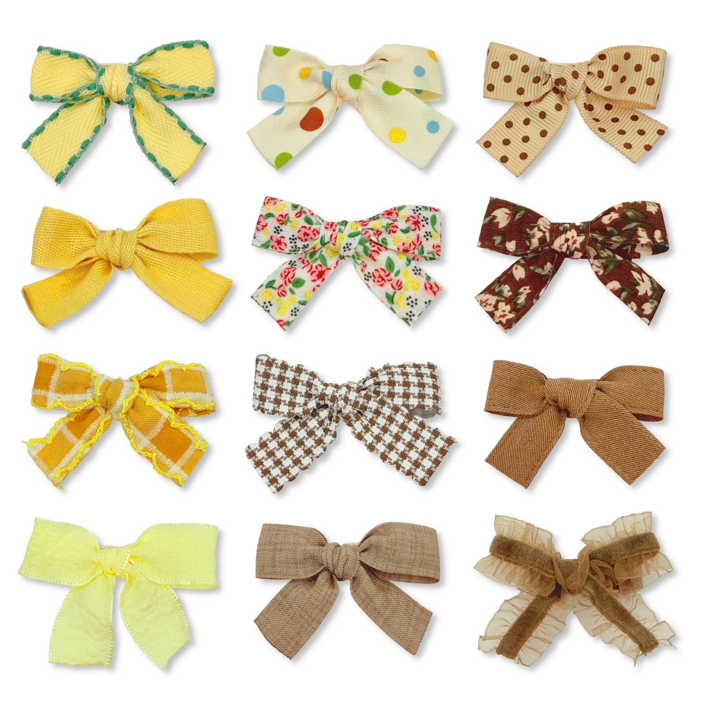Hair Bow Clips Set with Yellow & Brown Ribbon Covered