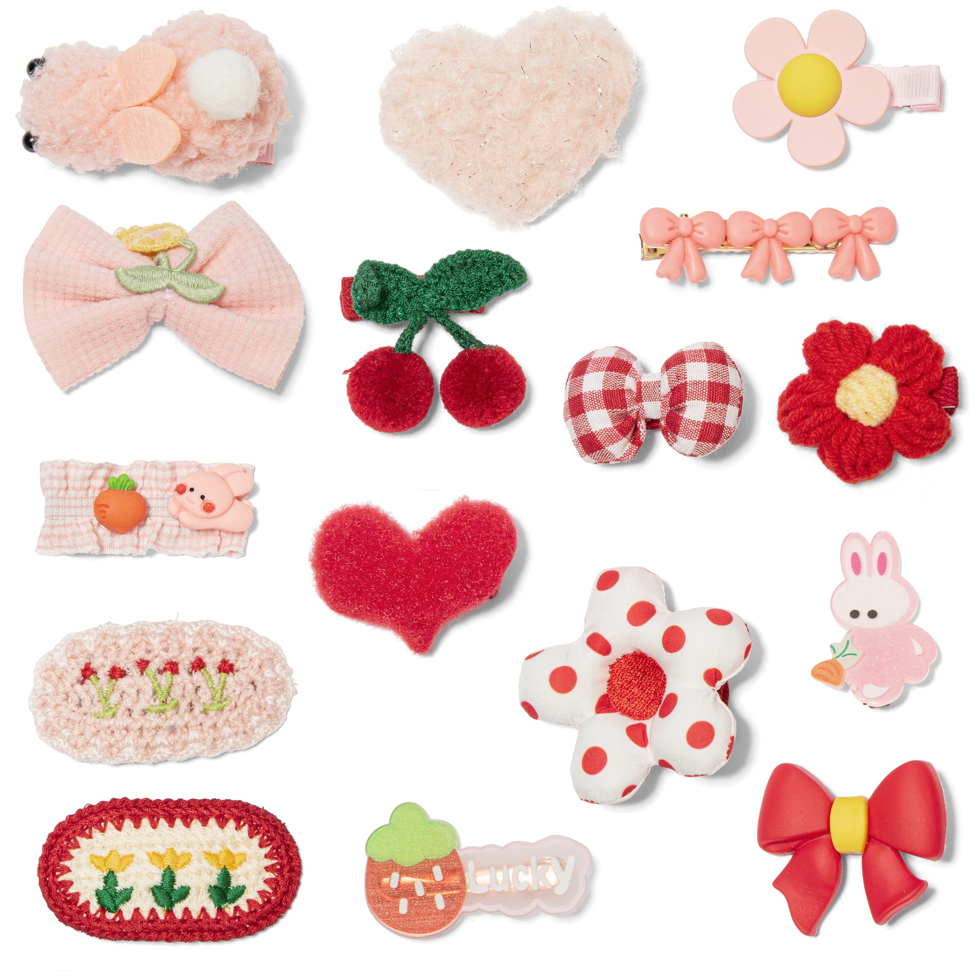 Collection of various hair accessories including bows, hearts, and flowers on a white background