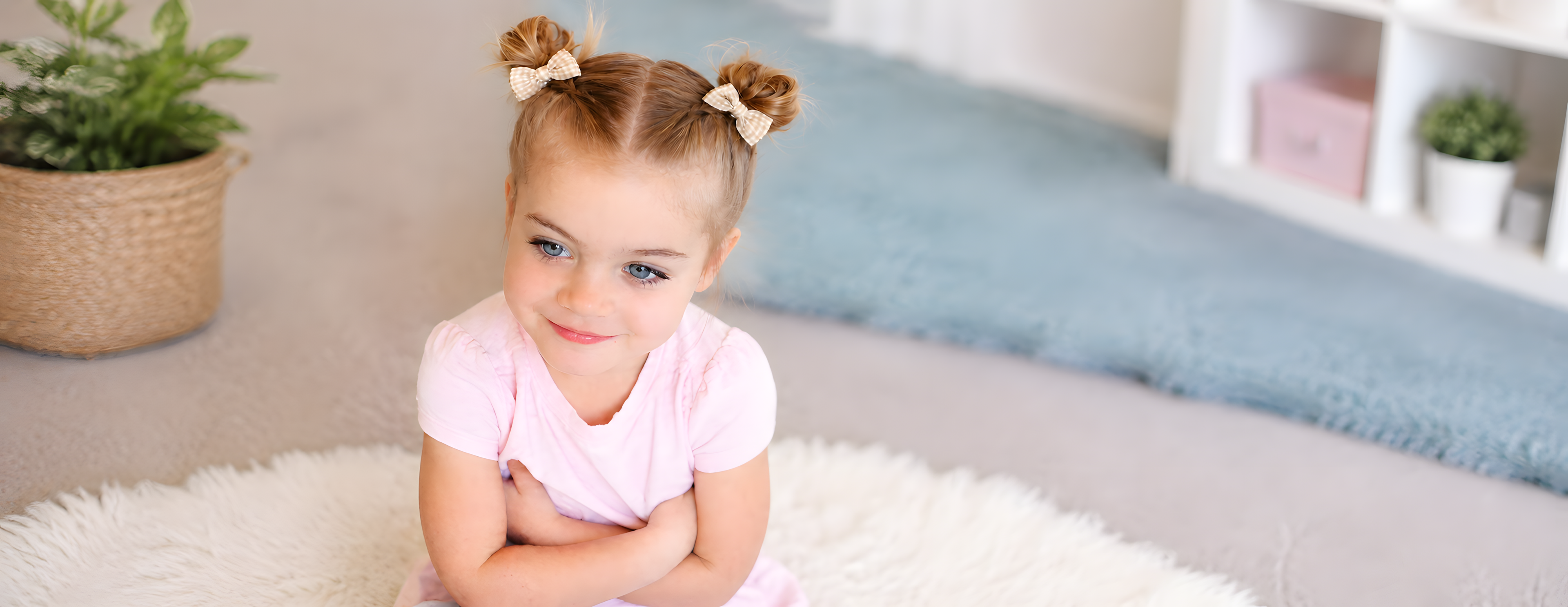 Toddler girl wearing beige gingham bow hair clips with double bun hairstyle
